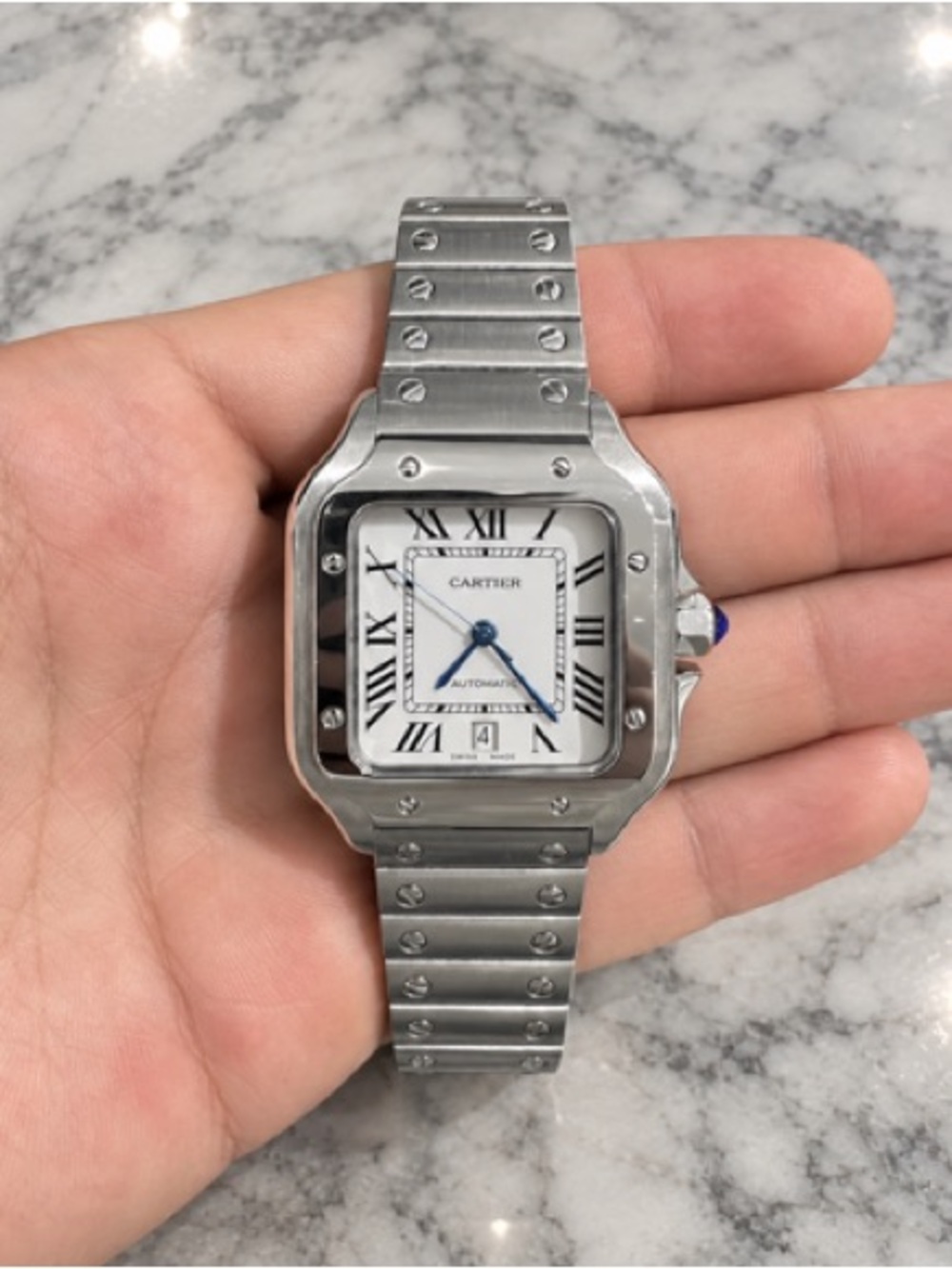 Cartier Santos Steel Watch with White Dial and Blue Hands